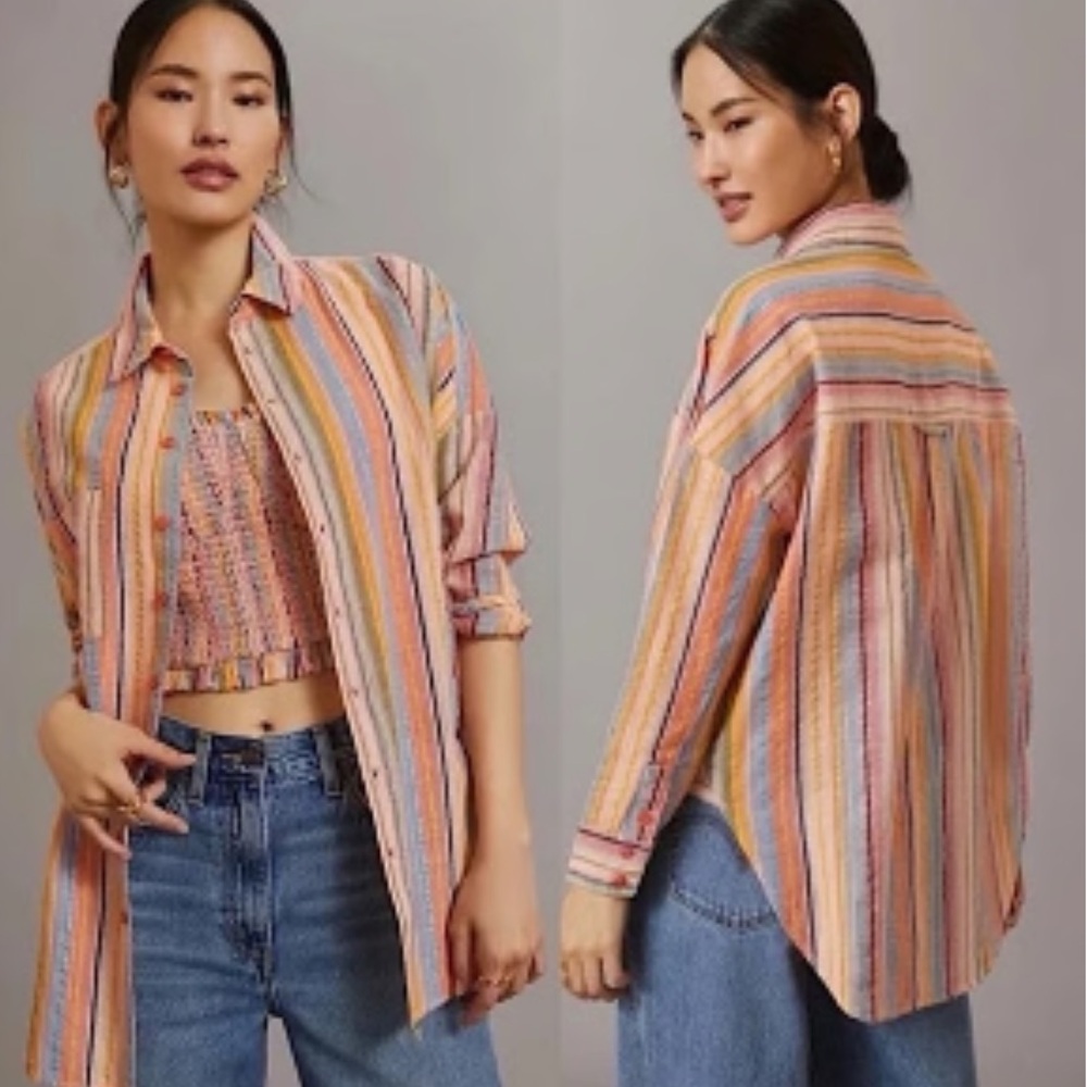 Pilcro Anthropologie Striped Button-Down Boyfriend Shirt Pink Orange Blue S/M